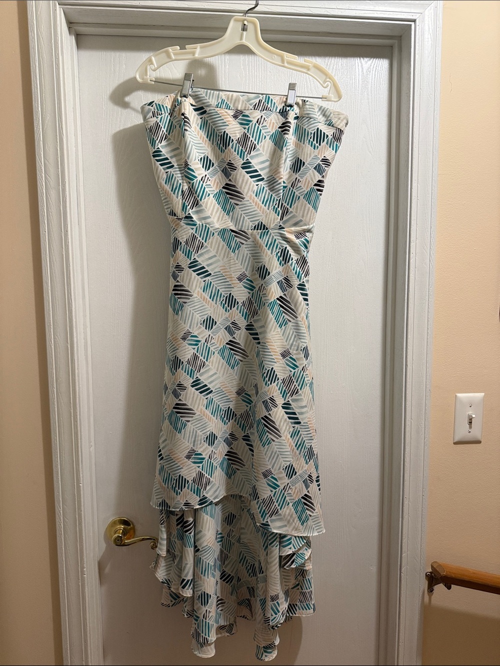 White House Black Market Teal, Navy & Cream Strapless High-Low Dress
